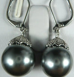 Retro Grey Shell Pearl Round Silver Earrings