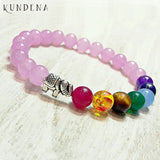 Pink Stone Beaded Elephant Charm Bracelet 7 Chakra Yoga Bracelet