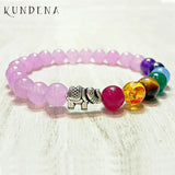 Pink Stone Beaded Elephant Charm Bracelet 7 Chakra Yoga Bracelet