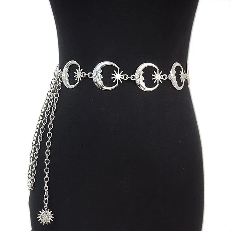 Womens Belt Hip High Waist Silver Narrow Metal Chain Gothic Moon Silver Pendant