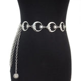 Womens Belt Hip High Waist Silver Narrow Metal Chain Gothic Moon Silver Pendant