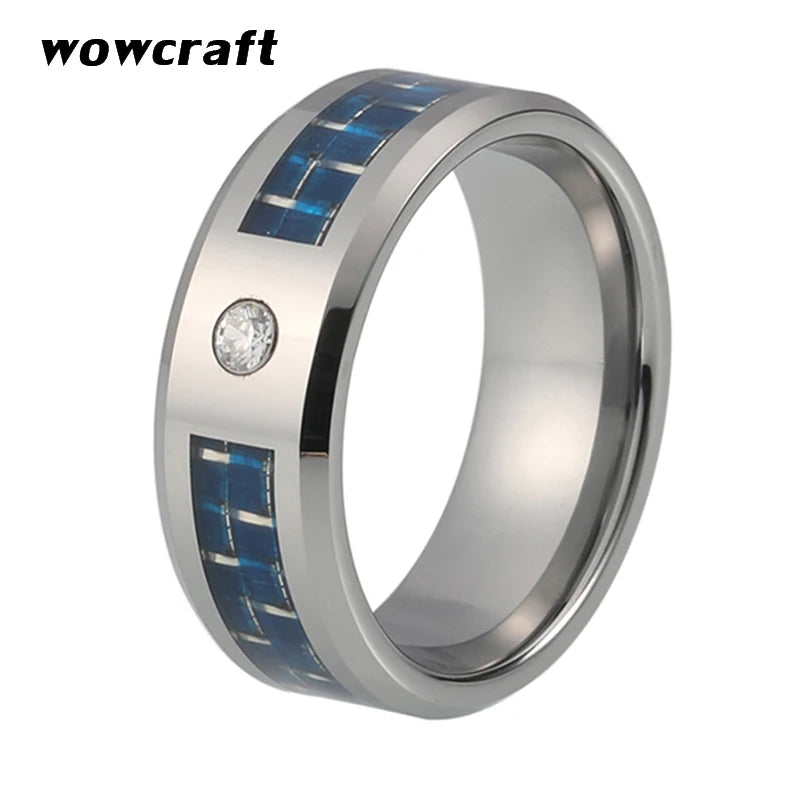 Tungsten Carbide Ring CZ Stone Carbon Fiber Inlay Polished Finish