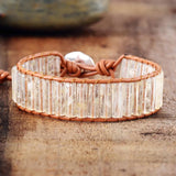 Womens Natural Quartz Stone Leather Wrap Bracelet Beads Bohemia Strand Jewelry