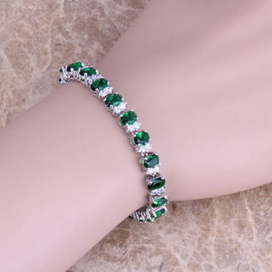 Green CZ Silver Link Chain Bracelet 7 inch S0359