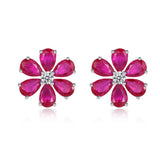 925 Silver Flower Lab Sapphire Diamond Earrings