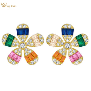 18K Plated Silver Flower Diamond Gemstone Ear Studs Earrings