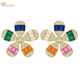 18K Plated Silver Flower Diamond Gemstone Ear Studs Earrings
