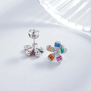18K Plated Silver Flower Diamond Gemstone Ear Studs Earrings