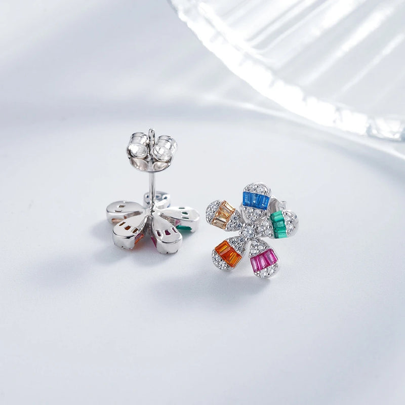 18K Plated Silver Flower Diamond Gemstone Ear Studs Earrings