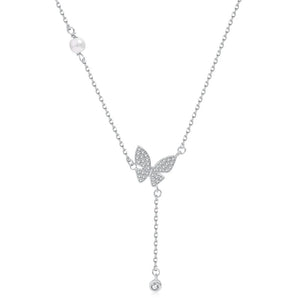 Sapphire Pearl Butterfly Pendant Necklace 925 Silver
