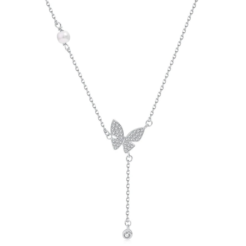 Sapphire Pearl Butterfly Pendant Necklace 925 Silver