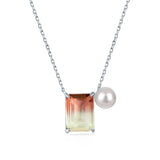 925 Silver Emerald Cut 9*12mm Diamond Pearl Women Necklace Pendant