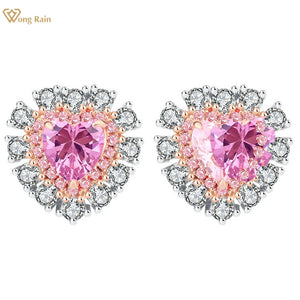 925 Silver Heart Pink Sapphire Diamond Studs Earrings