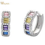 925 Silver Lab Sapphire Diamond Hoop Earrings Fine Jewelry