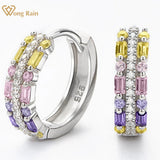 925 Silver Lab Sapphire Diamond Hoop Earrings Fine Jewelry