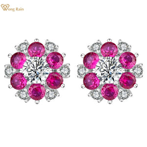 925 Silver Flowers Ruby Aquamarine Sapphire Stud Earrings