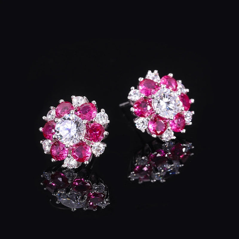 925 Silver Flowers Ruby Aquamarine Sapphire Stud Earrings