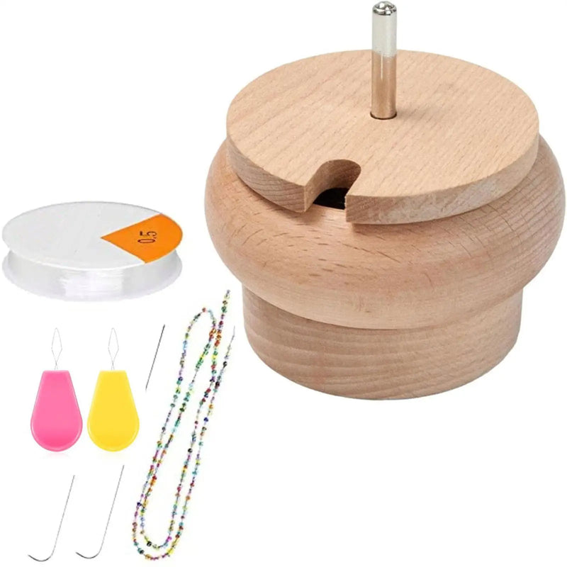 Wood Bead Bowl & Jewelry Making Kit with Bead Spins Holder & Looms