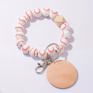 Wood Beads Keychain Basketball Football Print Keyring Women Men