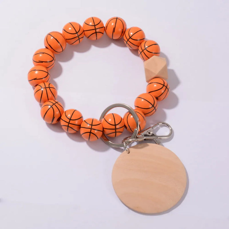 Wood Beads Keychain Basketball Football Print Keyring Women Men