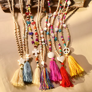 Colorful Tassel Pendant Wood Beads Necklace for Women