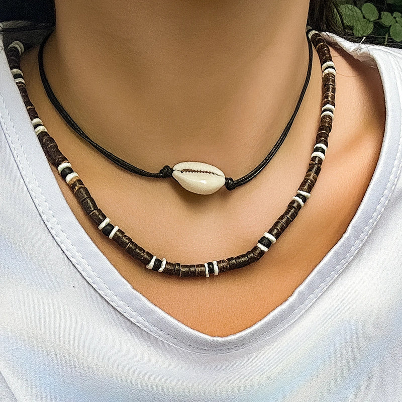 Wood Beads Rope Chain Acrylic Shell Choker Necklace Women