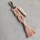 Macrame Wood Cube Beaded MAMA Keychain Boho Style Tassel Bag Accessory