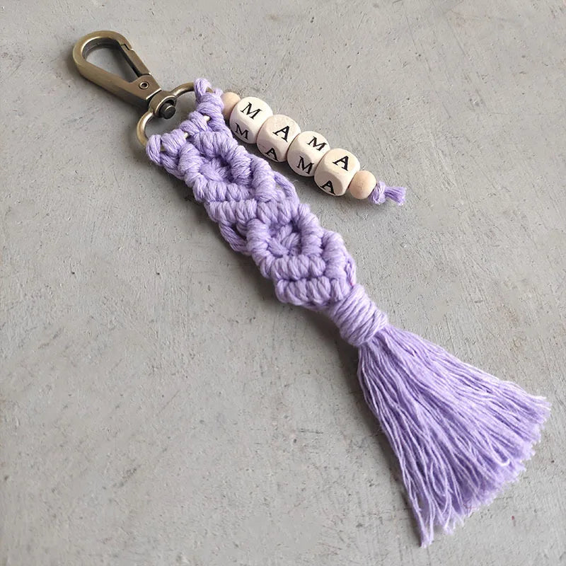 Macrame Wood Cube Beaded MAMA Keychain Boho Style Tassel Bag Accessory