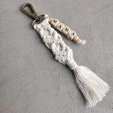 Macrame Wood Cube Beaded MAMA Keychain Boho Style Tassel Bag Accessory