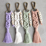 Macrame Wood Cube Beaded MAMA Keychain Boho Style Tassel Bag Accessory