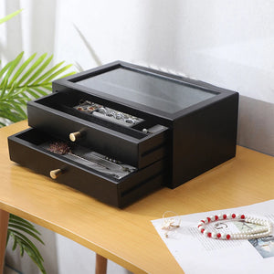 Wood Jewelry Box Dual Layer Flocking Pad Earring Bracelet Storage Case