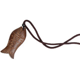 Wood Lucky Fish Pendant on Vintage Leather Necklace Chain