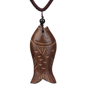 Wood Lucky Fish Pendant on Vintage Leather Necklace Chain