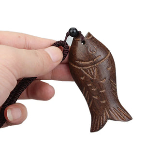 Wood Lucky Fish Pendant on Vintage Leather Necklace Chain