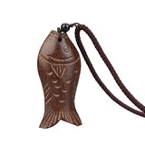 Wood Lucky Fish Pendant on Vintage Leather Necklace Chain