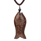 Wood Lucky Fish Pendant on Vintage Leather Necklace Chain
