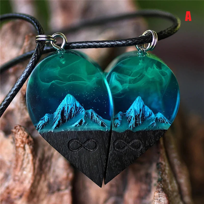 Resin Heart Pendants Mountains Necklace Couple Birthday Gift