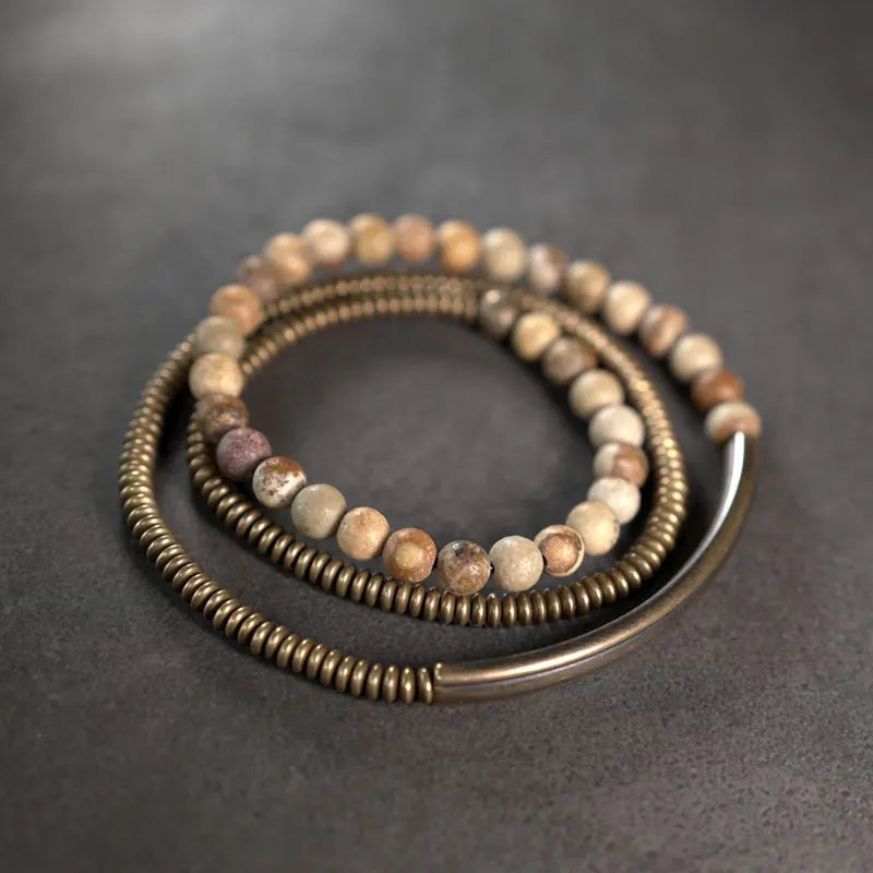 Wood Stone Metallic Brass Bracelet Row Jewelry For Men Women