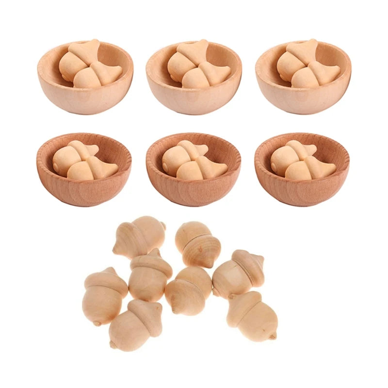 Wooden Acorns Counting & Sorting Kit - Set of 20 Acorns and 6 Bowls