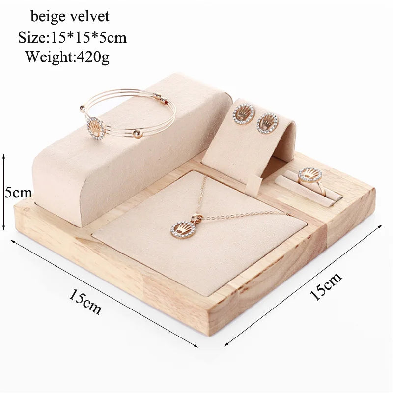 Wooden Green Necklace Bracelets Earrings Set Display Stand Jewelry Holder