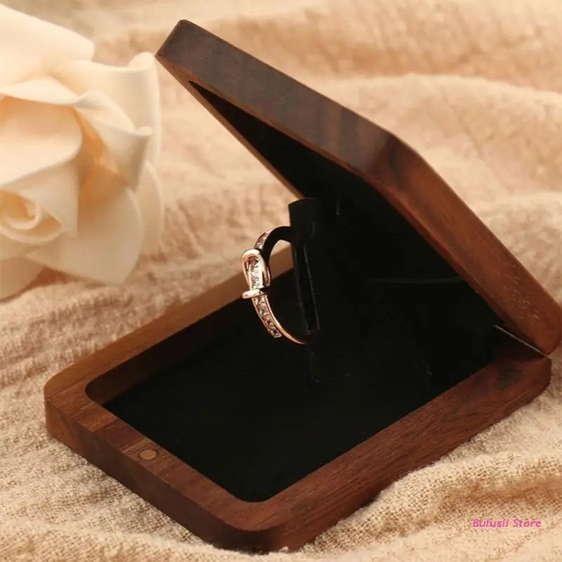 Wooden Wedding Ring Box-Square Thin Engagement Revolving Box Jewelry Gift