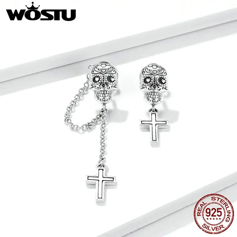 Wostu 925 Silver Skull Cross Stud Earrings Oxidized Jewelry BSE419