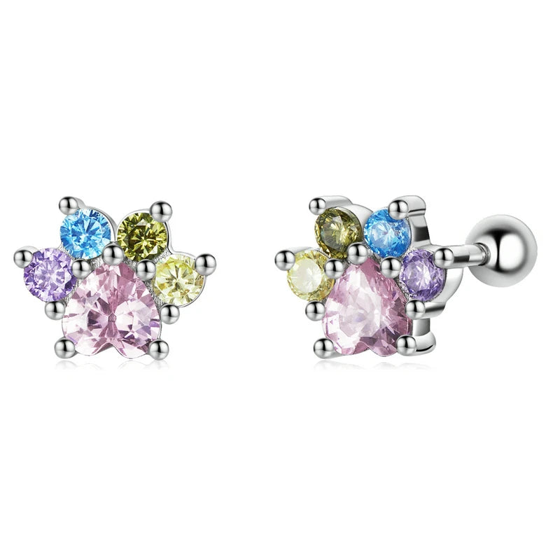 Wostu 925 Silver Colorful Zirconium Paw Stud Earrings for Women