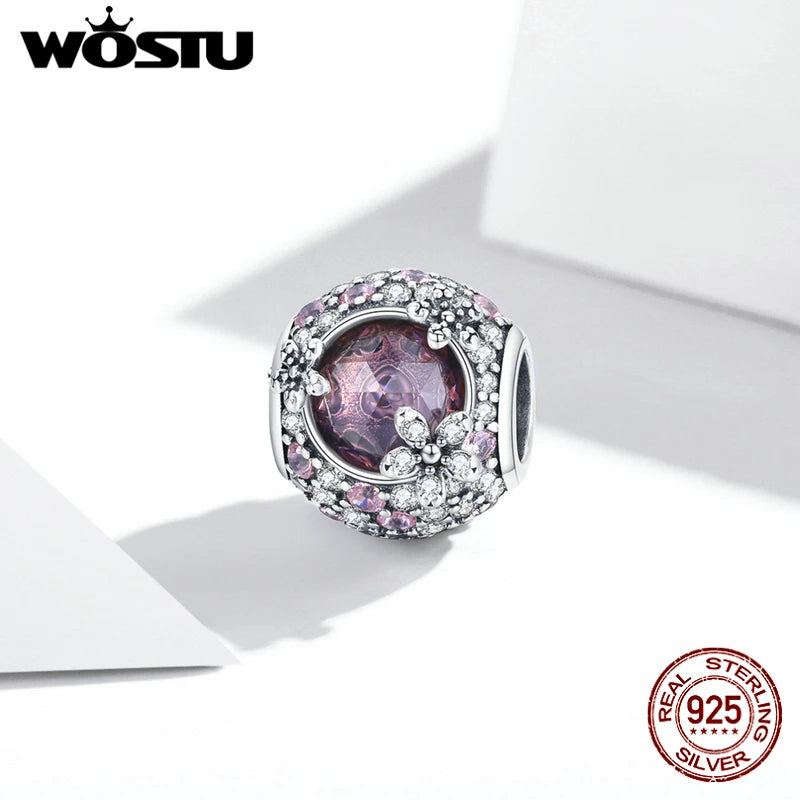 Wostu 925 Silver Charm Cherry Blossoms Bead for Bracelets DIY Pendant FNC456