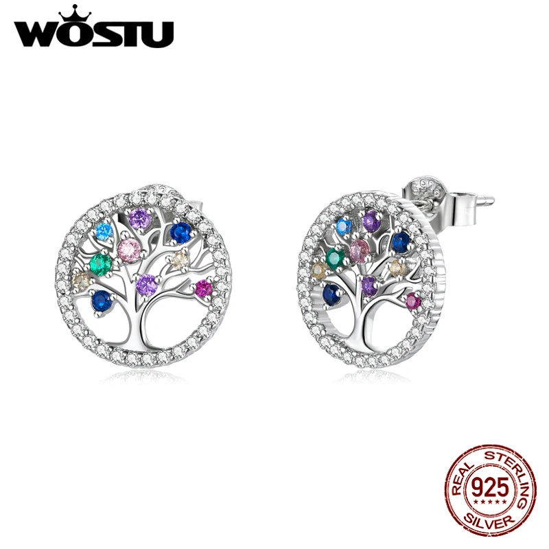 Wostu 925 Silver Colorful Tree of Life Stud Earrings For Women FNE497
