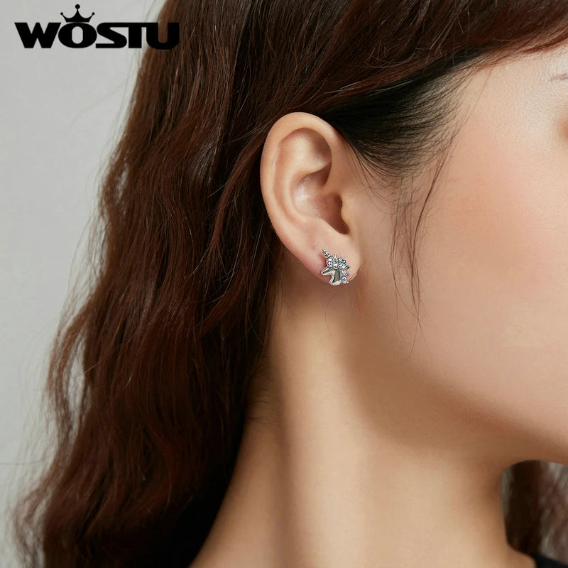 Wostu Sterling Silver Unicorn Pony Stud Earrings