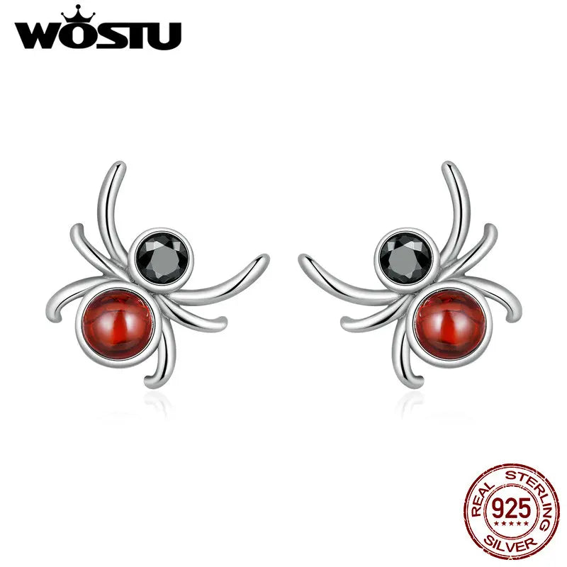 Wostu 925 Silver Halloween Spider Earrings Zircon Red Glass Ear Clips