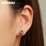 Wostu 925 Silver Halloween Spider Earrings Zircon Red Glass Ear Clips
