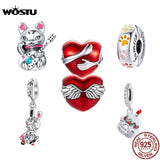 Wostu 925 Silver Love Heart Fortune Cat Charm Bead for Bracelet Necklace