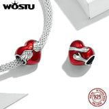 Wostu 925 Silver Love Heart Fortune Cat Charm Bead for Bracelet Necklace